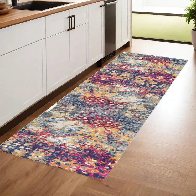 8' Blue And Ivory Abstract Runner Rug