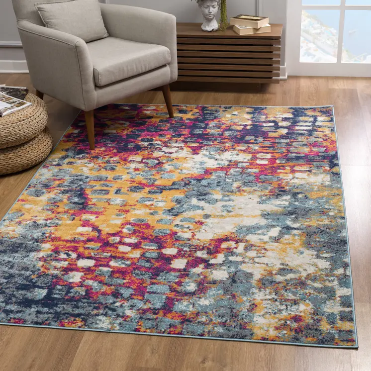 4' X 6' Teal and Gold Abstract Washable Area Rug