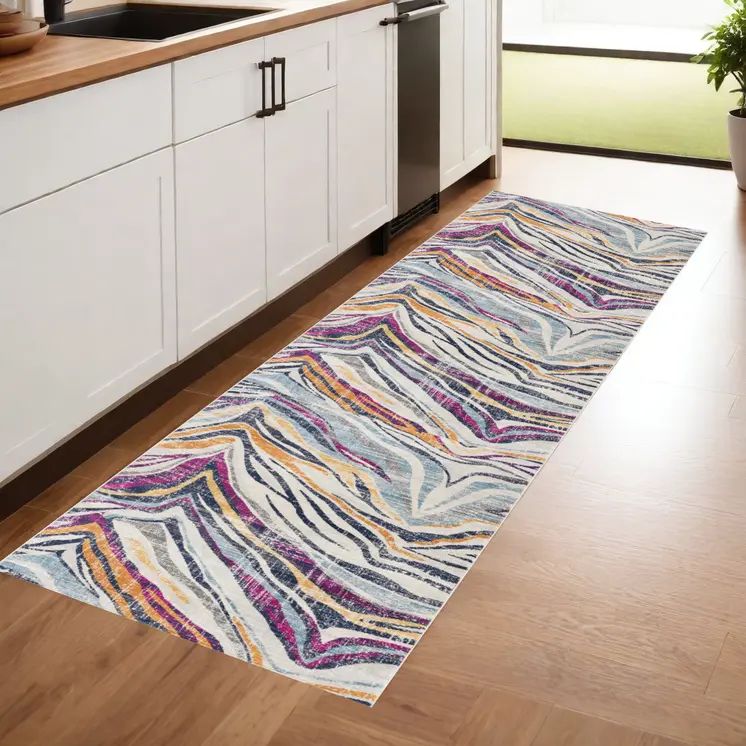 8' Blue And Gold Abstract Runner Rug