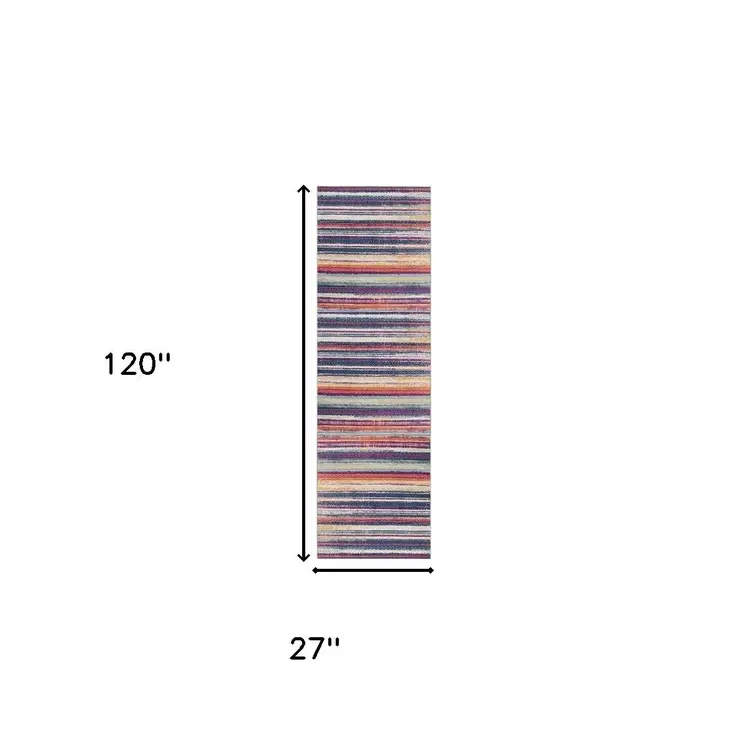 10' Blue And Ivory Striped Runner Rug
