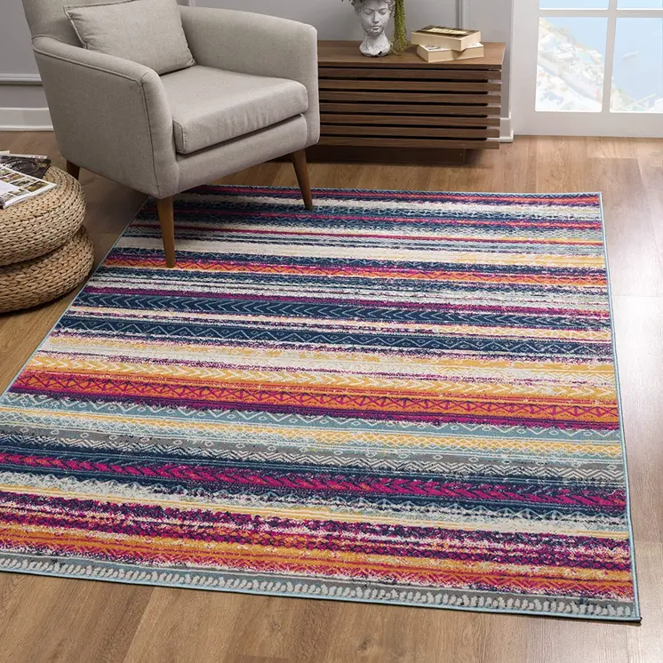 2' X 5' Blue And Ivory Striped Area Rug