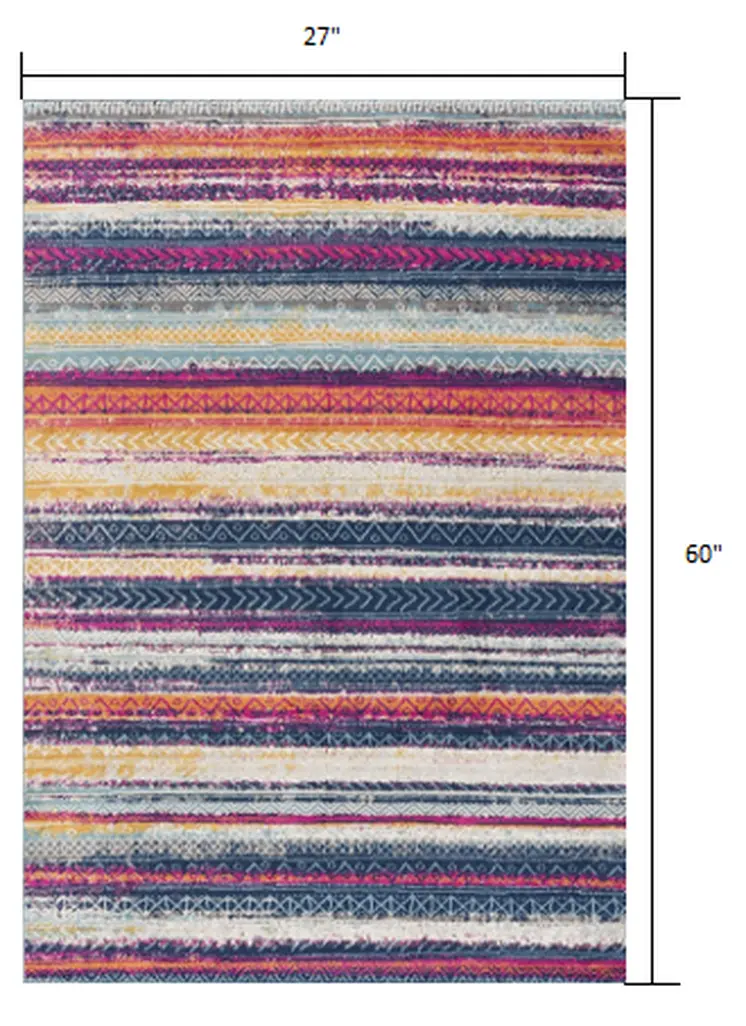 2' X 5' Blue And Ivory Striped Area Rug