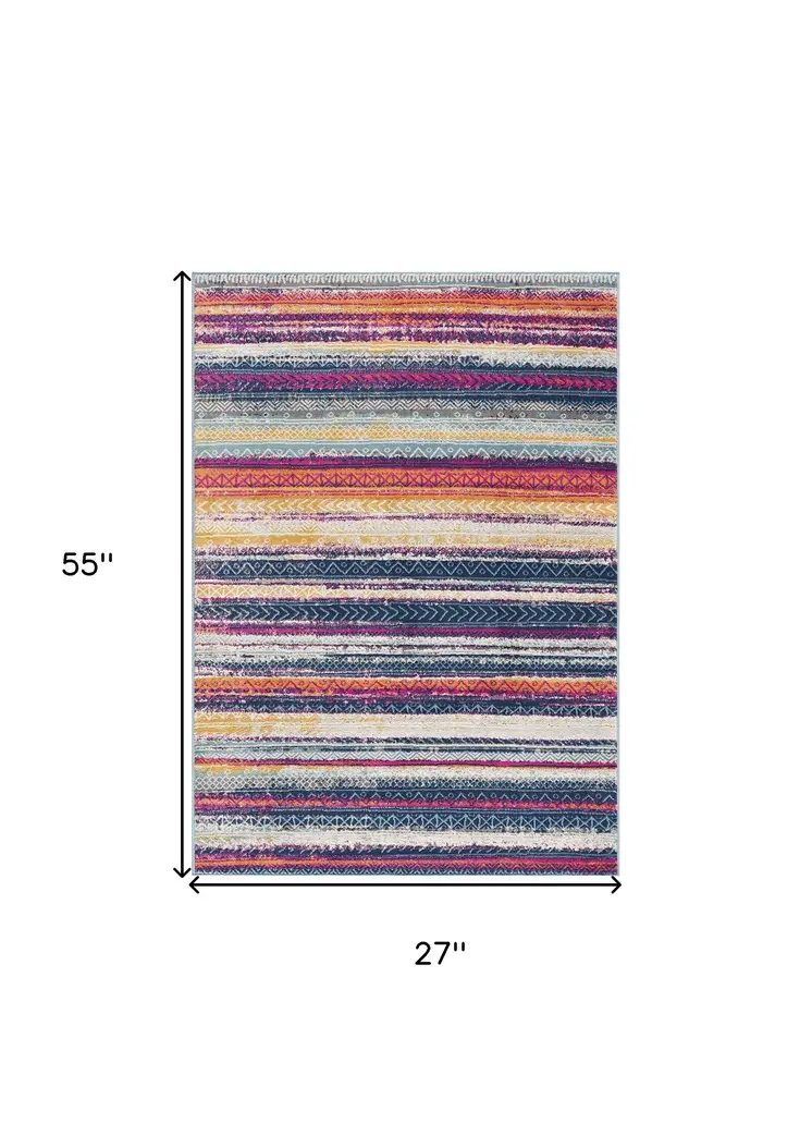 2' X 5' Blue And Ivory Striped Area Rug