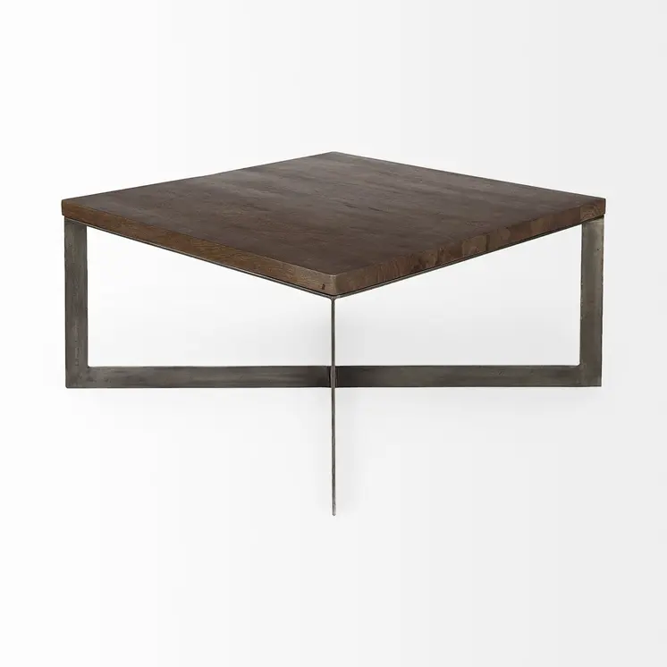 34" Brown Solid Wood and Metal Square Coffee Table