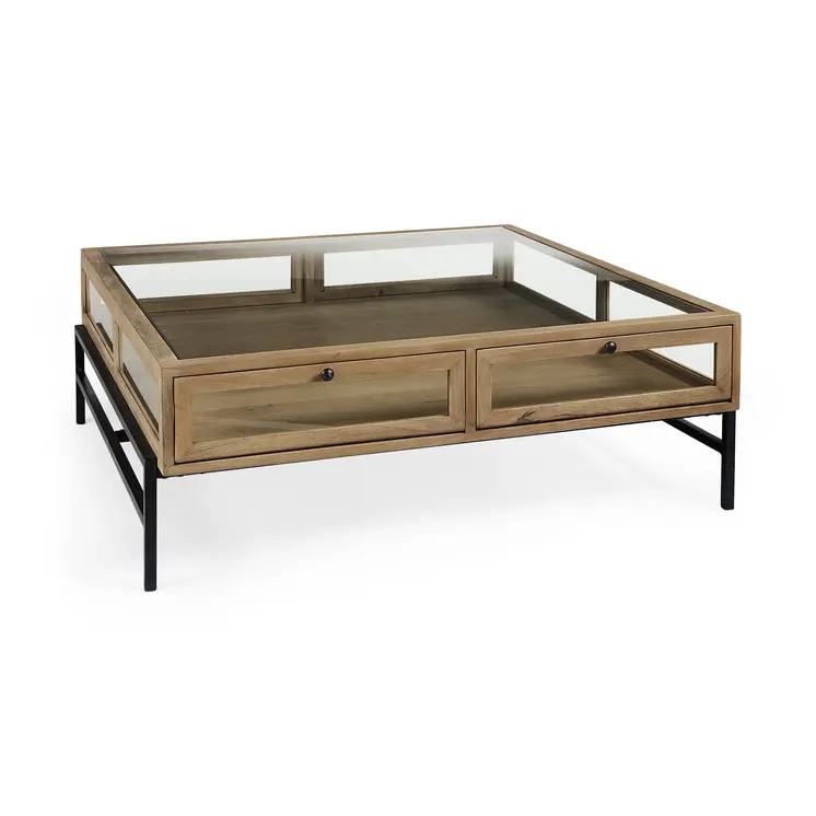 42" Clear and Black Glass and Metal Square Coffee Table With Two Drawers And Shelf