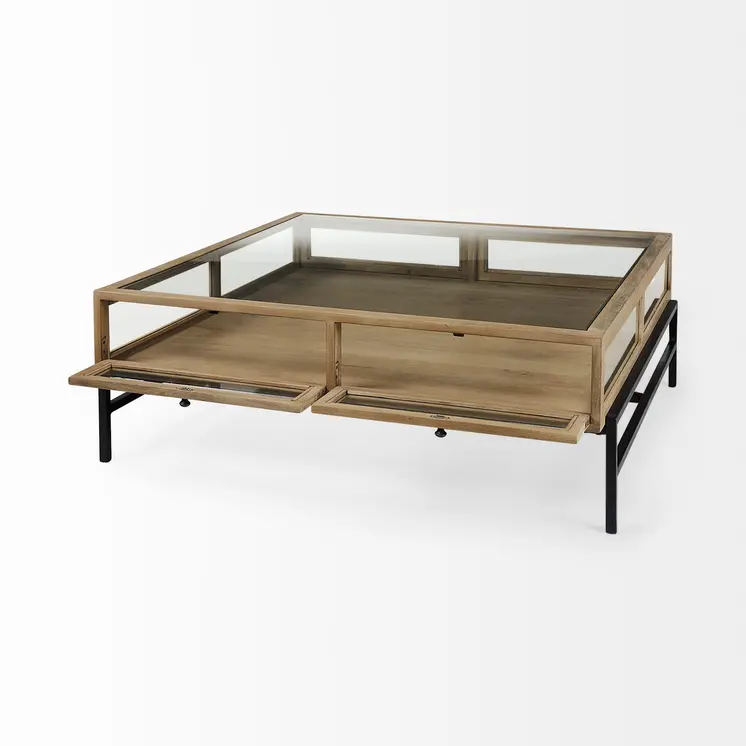 42" Clear and Black Glass and Metal Square Coffee Table With Two Drawers And Shelf