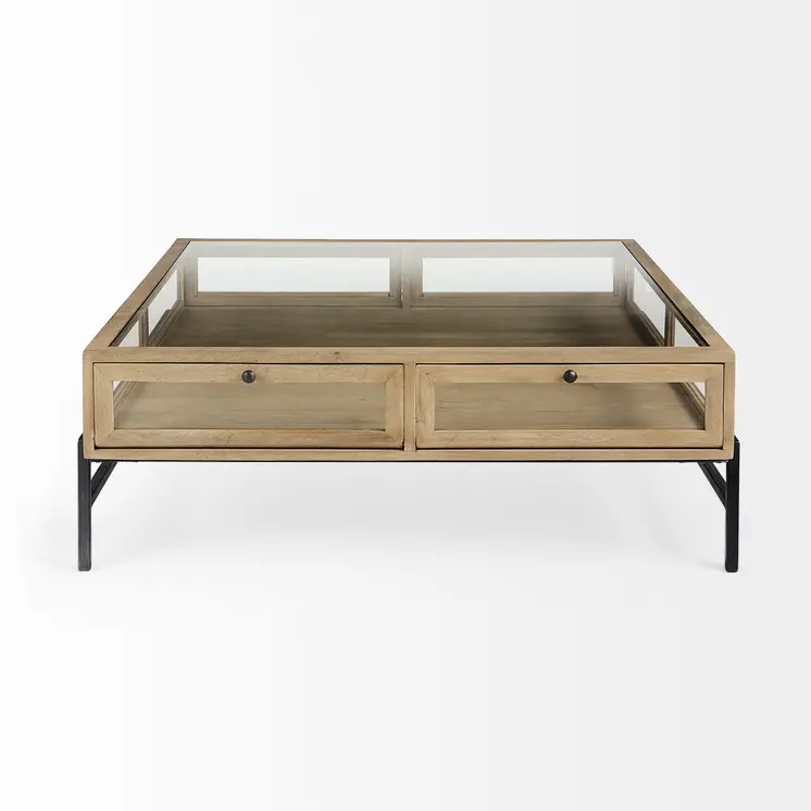 42" Clear and Black Glass and Metal Square Coffee Table With Two Drawers And Shelf