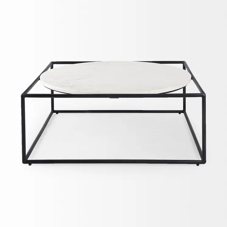 36" White and Black Genuine Marble and Metal Square Frame Coffee Table