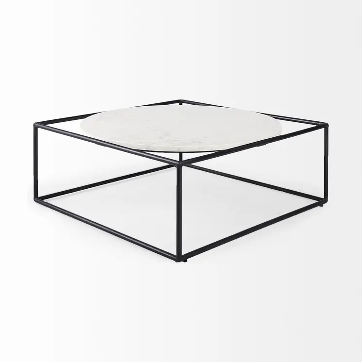 36" White and Black Genuine Marble and Metal Square Frame Coffee Table