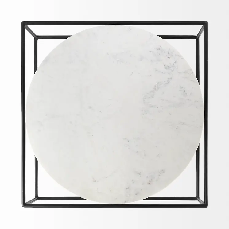36" White and Black Genuine Marble and Metal Square Frame Coffee Table