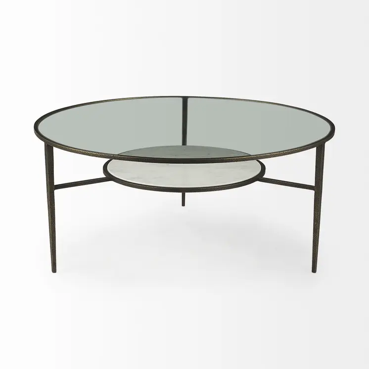 36" Clear and Bronze Glass and Metal Round Coffee Table With Shelf