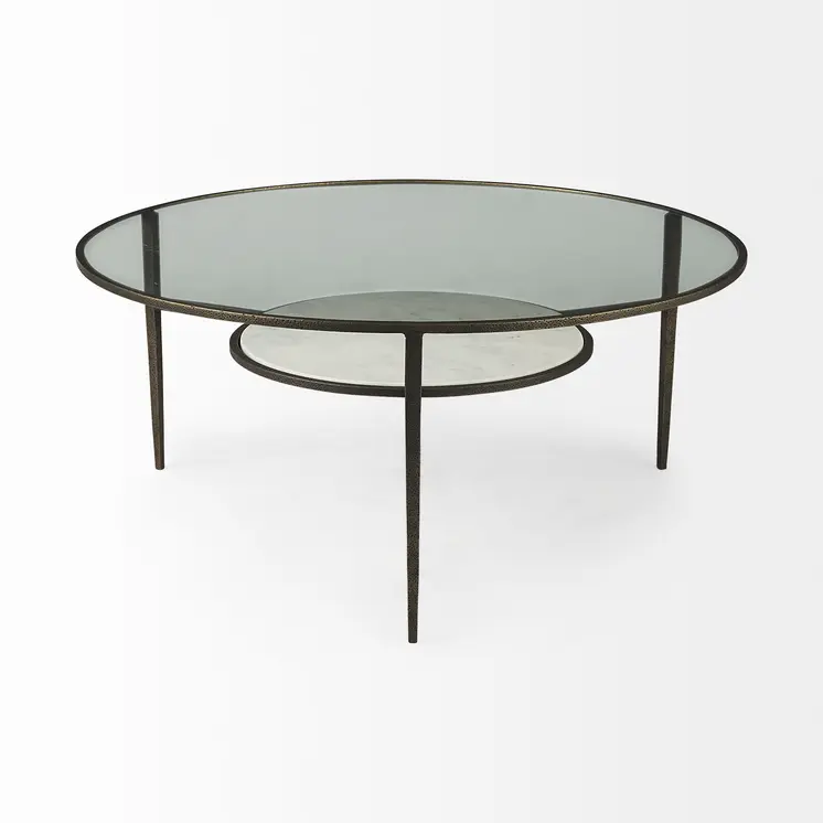 36" Clear and Bronze Glass and Metal Round Coffee Table With Shelf