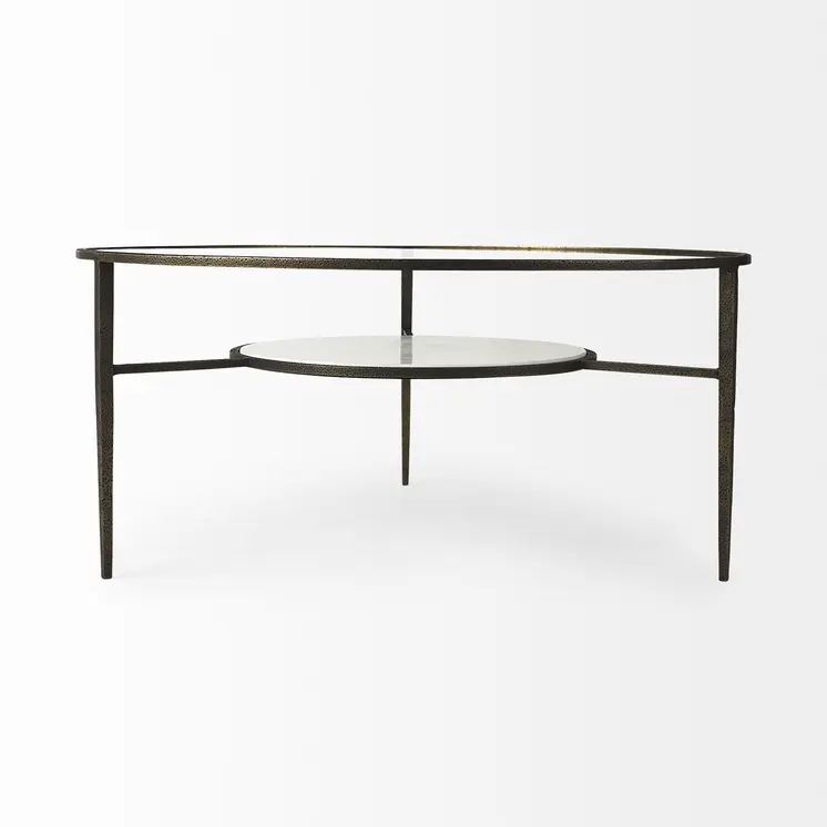 36" Clear and Bronze Glass and Metal Round Coffee Table With Shelf