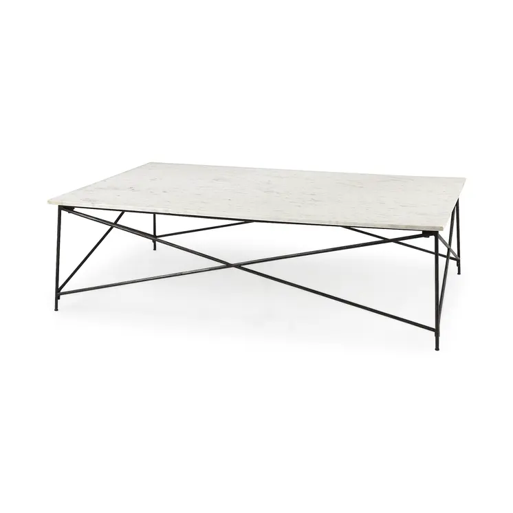 35" White Genuine Marble and Metal Coffee Table