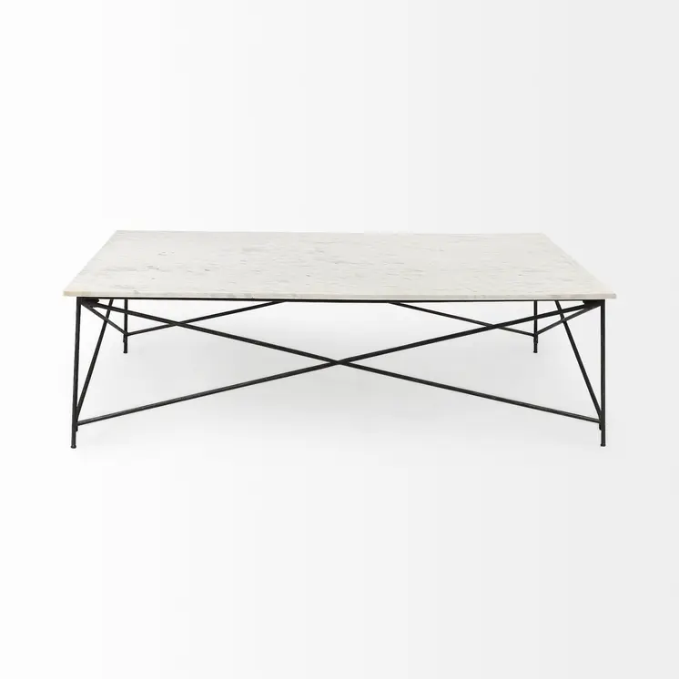 35" White Genuine Marble and Metal Coffee Table