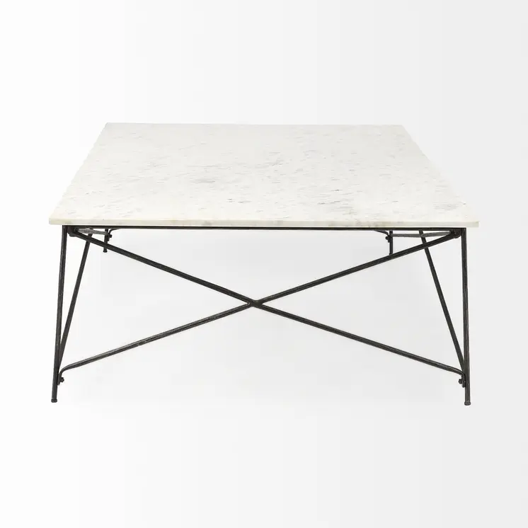 35" White Genuine Marble and Metal Coffee Table