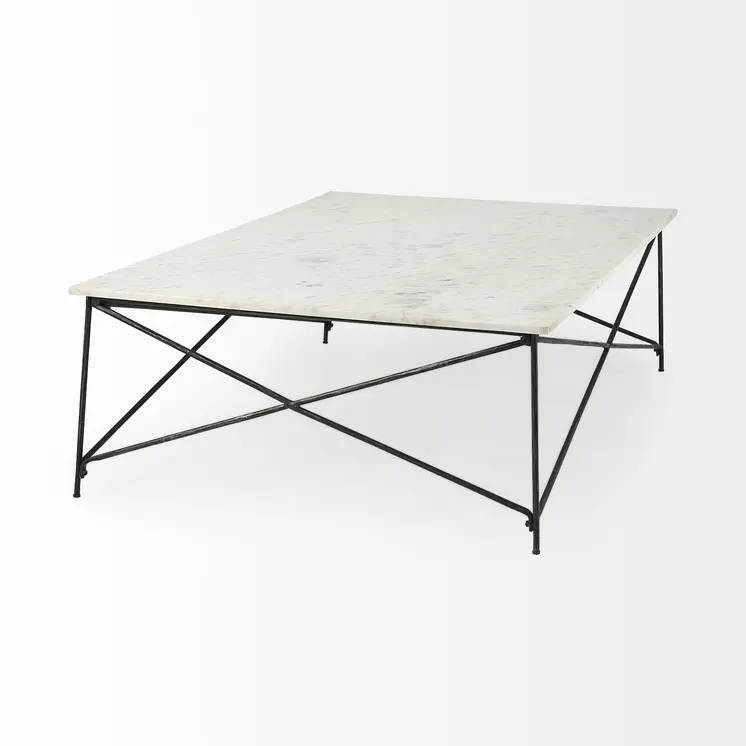 35" White Genuine Marble and Metal Coffee Table