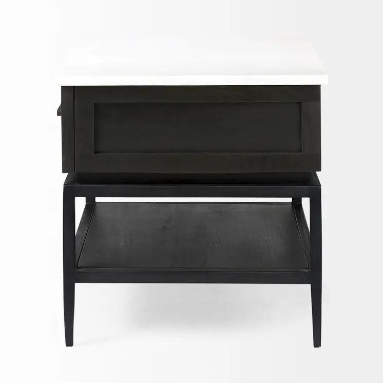 22" Black And White Marble Square End Table With Drawer And Shelf