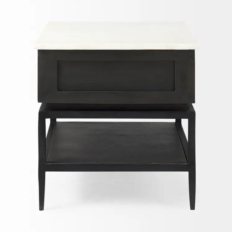 22" Black And White Marble Square End Table With Drawer And Shelf
