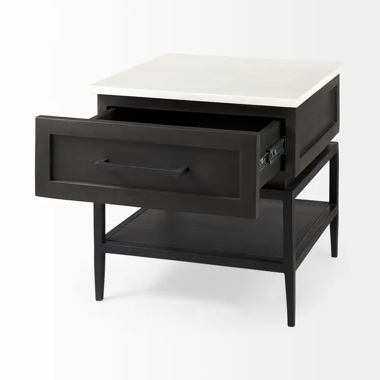 22" Black And White Marble Square End Table With Drawer And Shelf