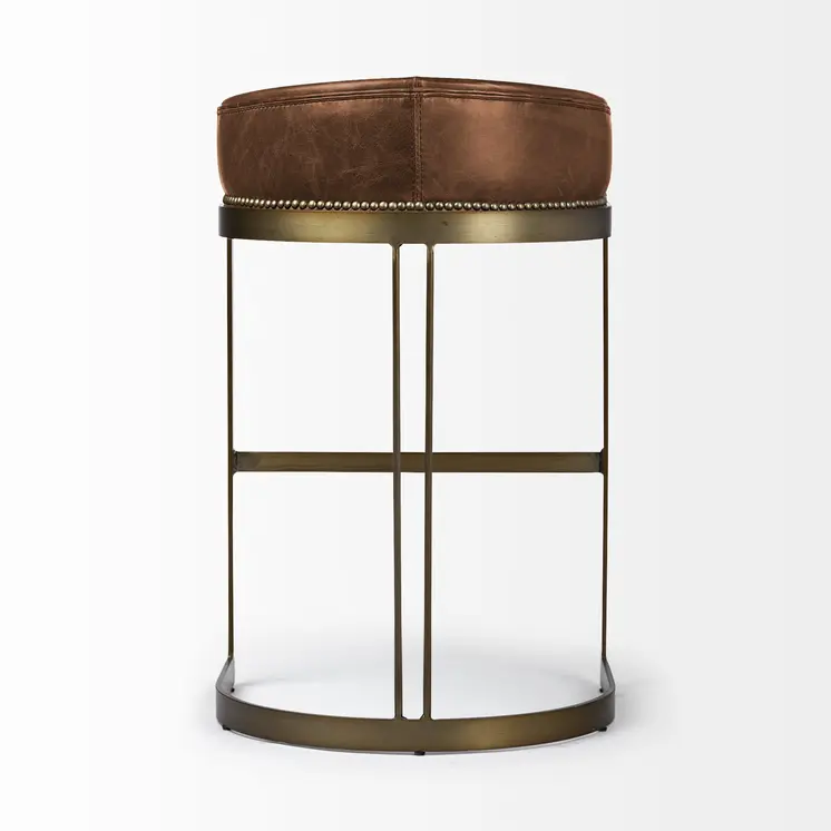 29" Brown Leather And Antiqued Brass Metal Low Back Bar Height Bar Chair
