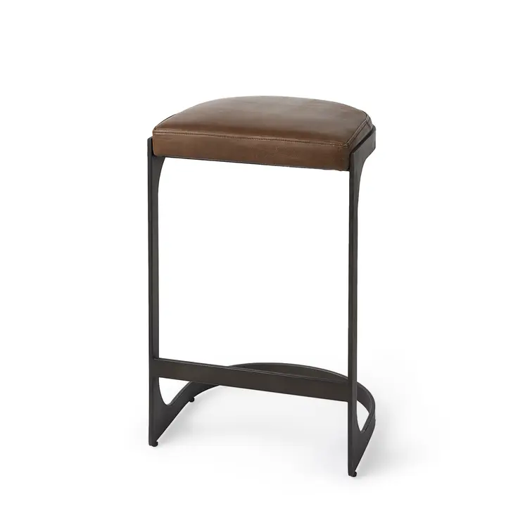 29" Black Leather and Metal Backless Bar Chair