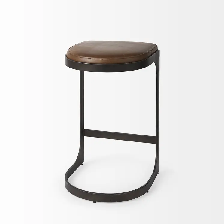 29" Black Leather and Metal Backless Bar Chair