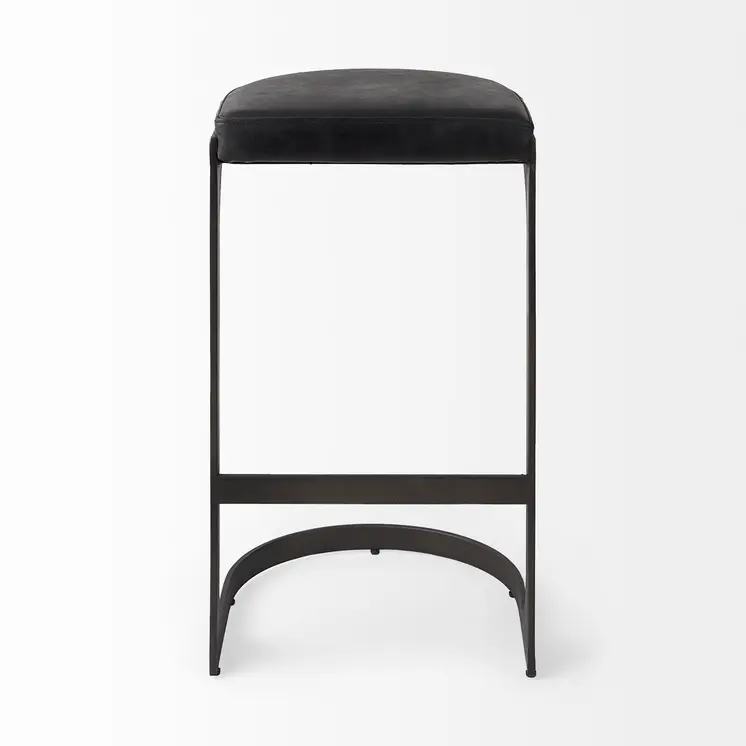 35" Black Leather and Metal Backless Bar Chair