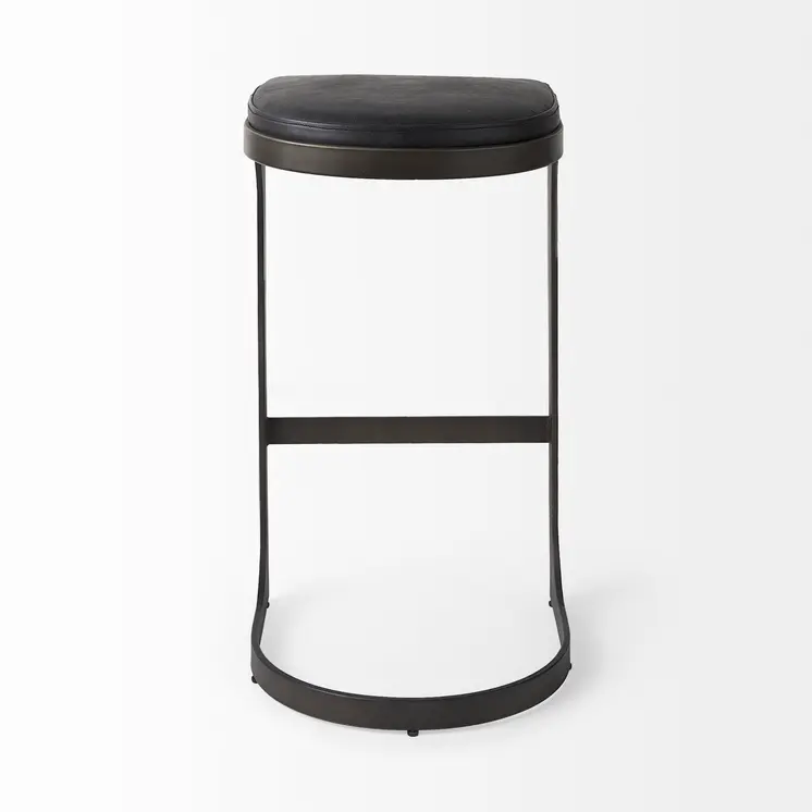 35" Black Leather and Metal Backless Bar Chair