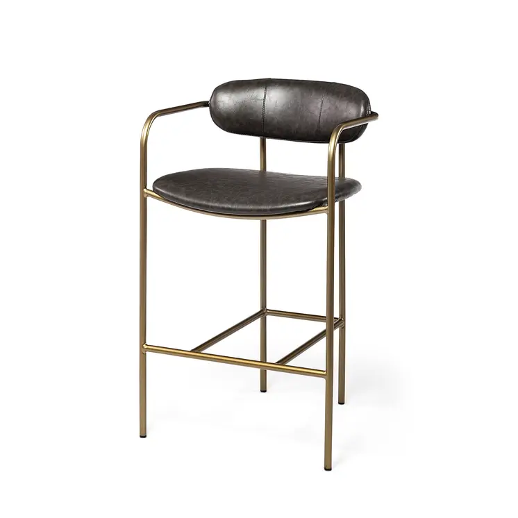 29" Brown and Gold Leather and Metal Low Back Bar Chair