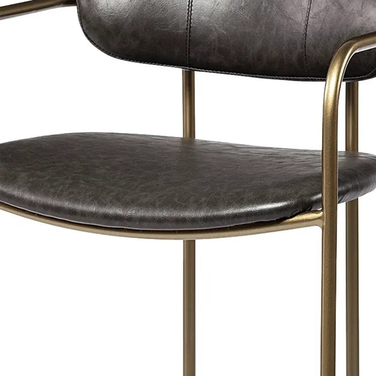 29" Brown and Gold Leather and Metal Low Back Bar Chair
