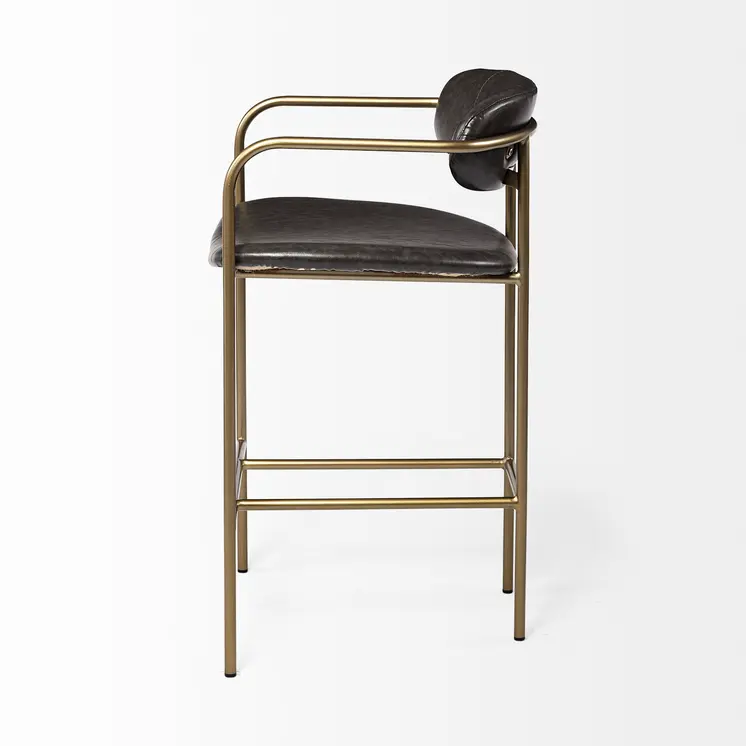 29" Brown and Gold Leather and Metal Low Back Bar Chair