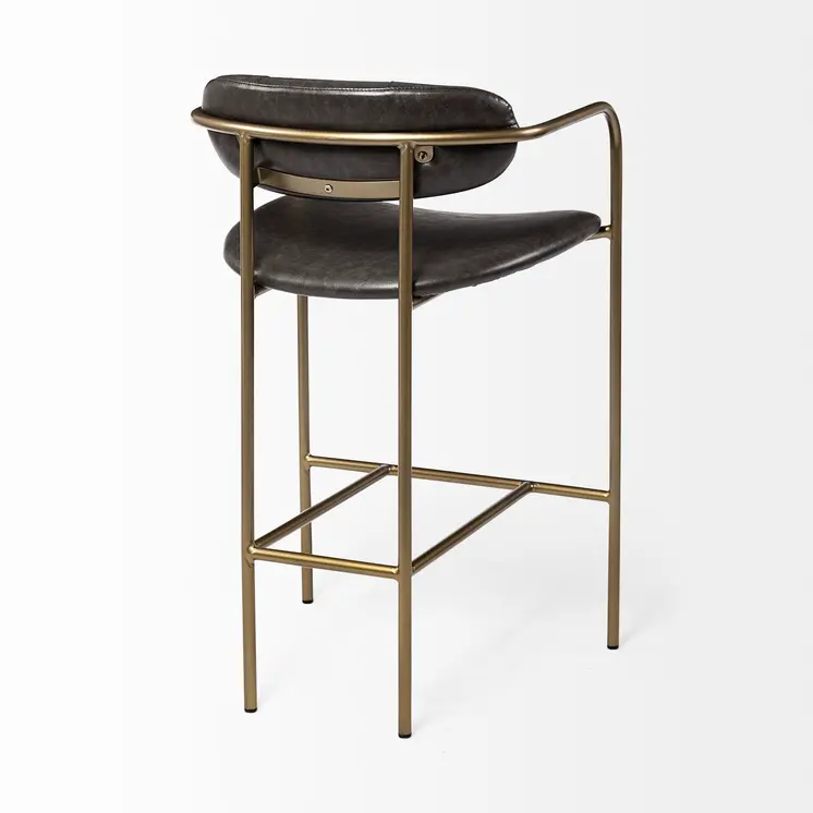 29" Brown and Gold Leather and Metal Low Back Bar Chair