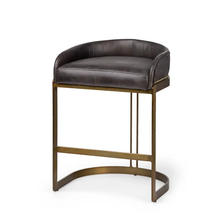 29" Black and Gold Leather and Metal Low Back Bar Height Bar Chair