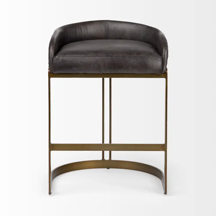 29" Black and Gold Leather and Metal Low Back Bar Height Bar Chair