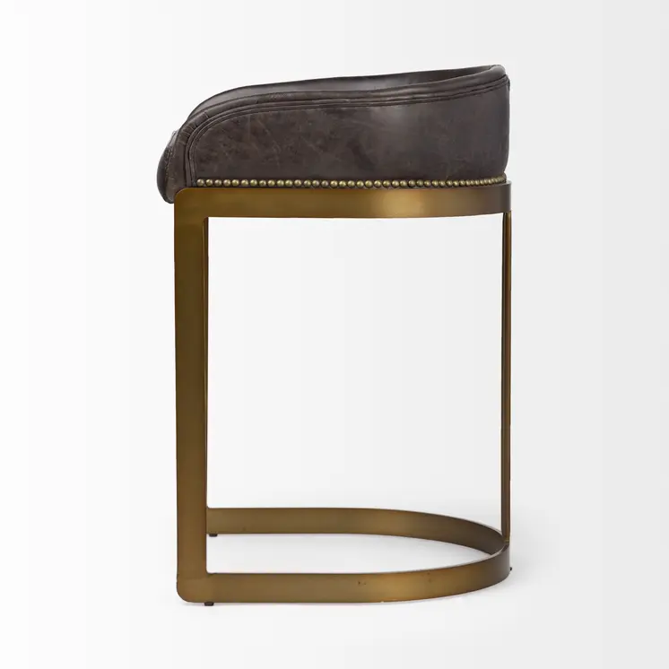 29" Black and Gold Leather and Metal Low Back Bar Height Bar Chair