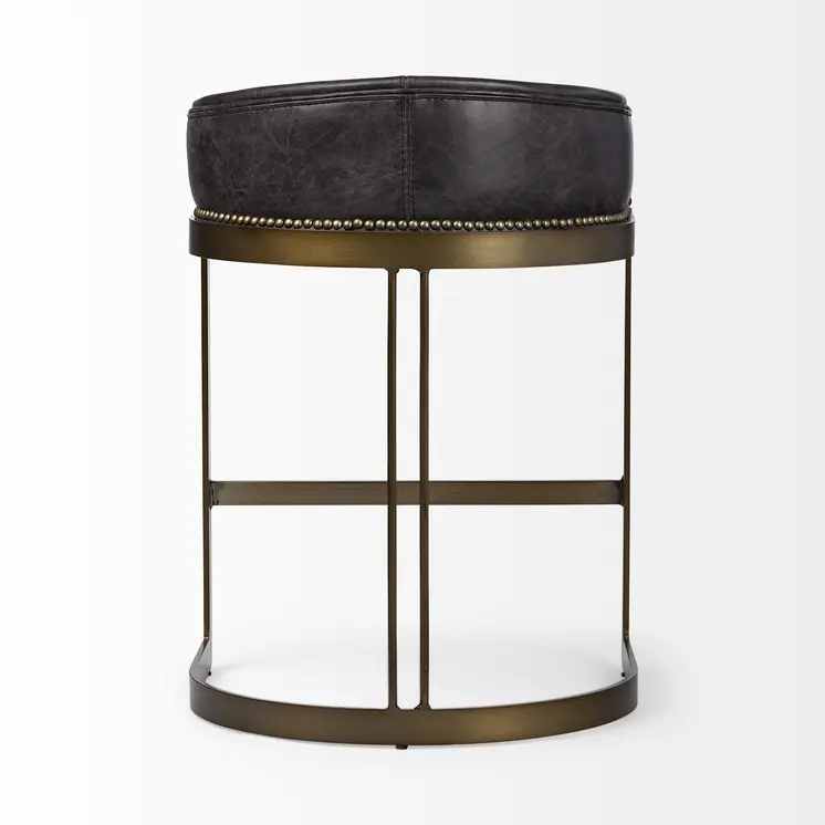 29" Black and Gold Leather and Metal Low Back Bar Height Bar Chair