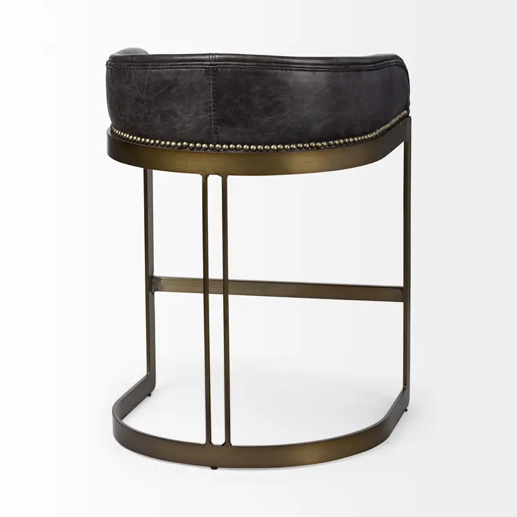 29" Black and Gold Leather and Metal Low Back Bar Height Bar Chair