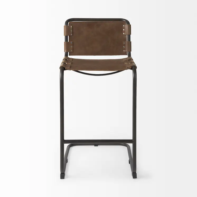 35" Brown and Black Leather and Metal Bar Chair