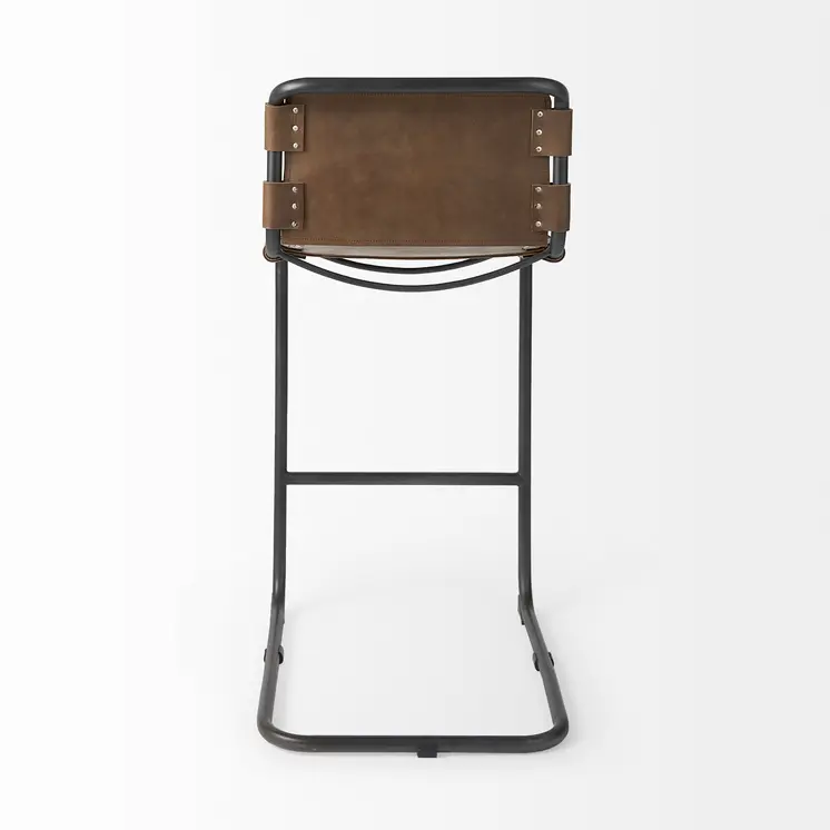 35" Brown and Black Leather and Metal Bar Chair