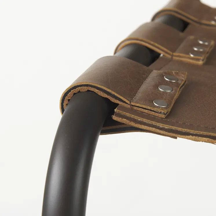 35" Brown and Black Leather and Metal Bar Chair