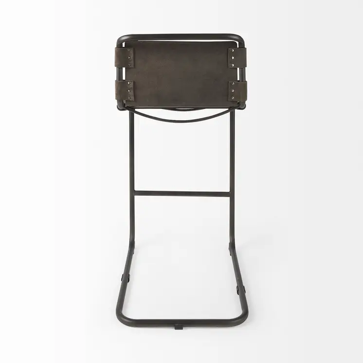 30" Brown And Black Leather And Iron Bar Chair