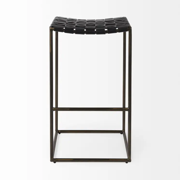35" Brown and Black Leather and Iron Backless Counter Height Bar Chair