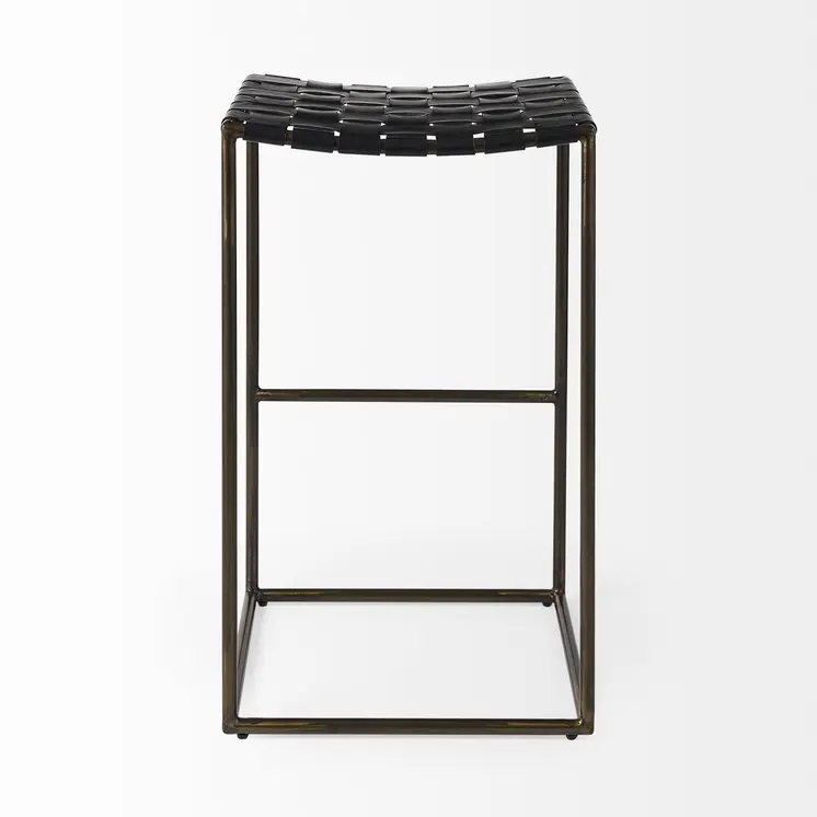 35" Brown and Black Leather and Iron Backless Counter Height Bar Chair
