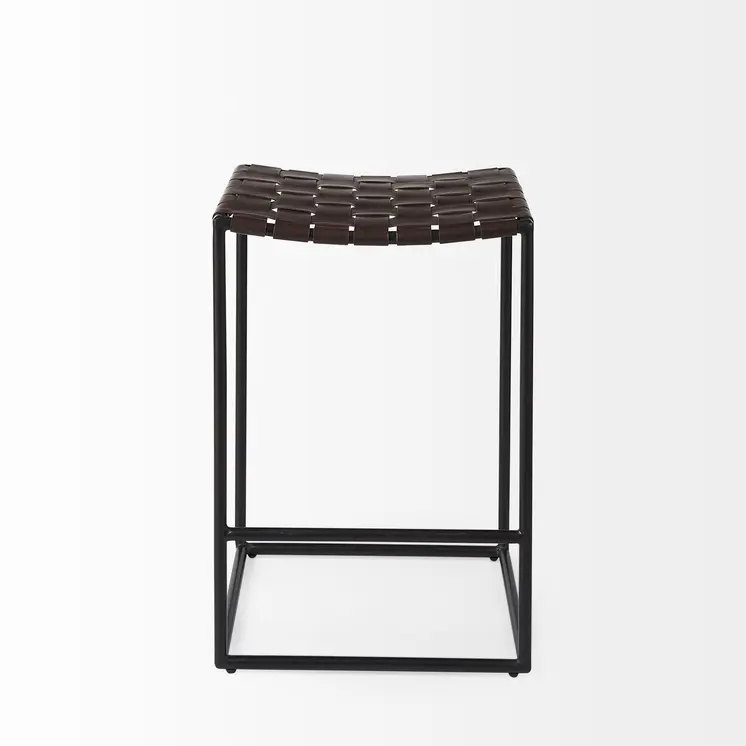 26" Brown And Black Leather And Iron Backless Counter Height Bar Chair