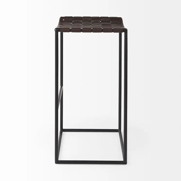 30" Brown And Black Leather And Iron Backless Bar Height Bar Chair