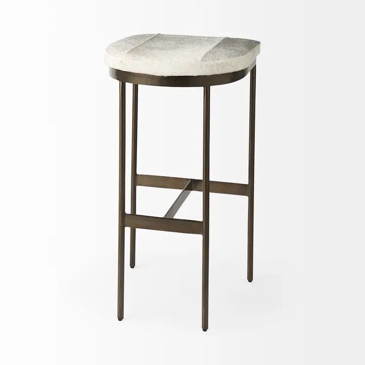 35" Gold Leather and Metal Backless Bar Chair