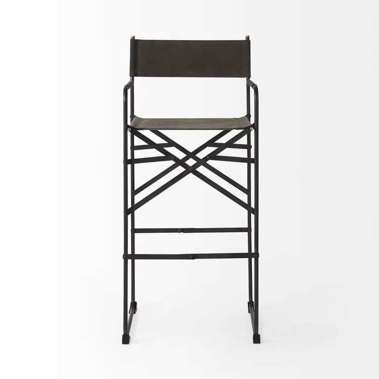 30" Brown And Black Leather And Metal Bar Chair