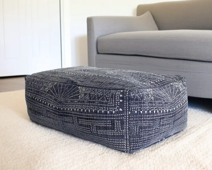 Navy Blue Patterned Rectangle Pouf