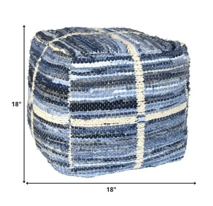 18" Blue Cotton Striped Pouf Ottoman